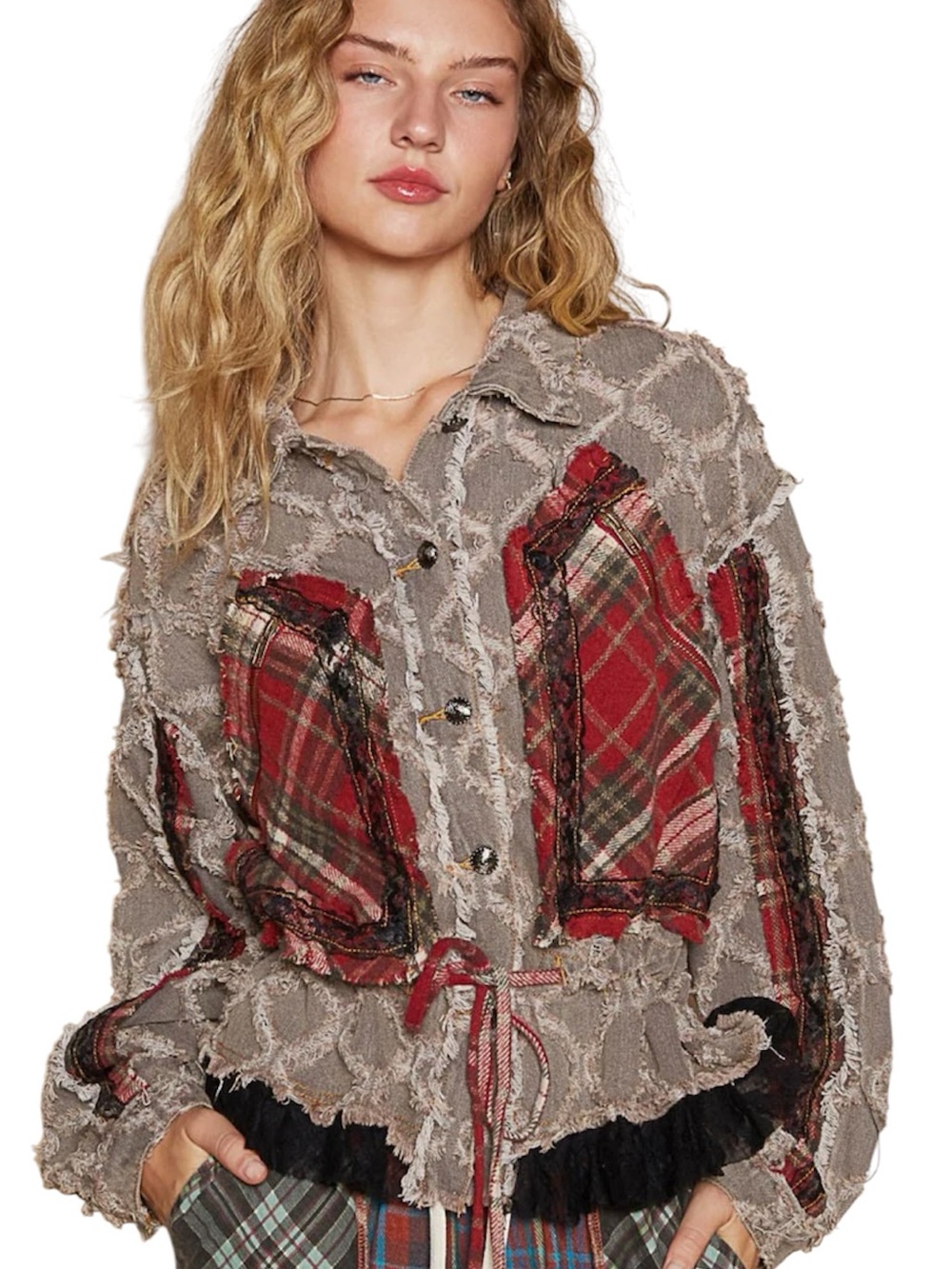 POL BALLOON SLEEVE PLAID CONTRAST LACE RUFFLE DETAILS JACKET BROWN DENIM LARGE